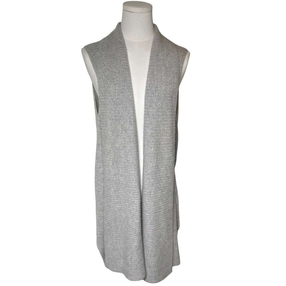 100% Cashmere Ribbed Longline Open Front Vest Cardigan Gray Charter Club XL
